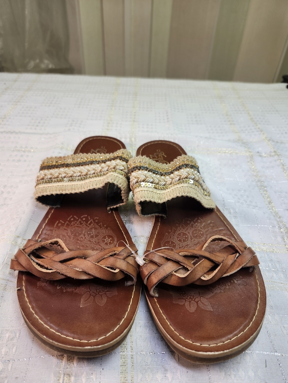 Women’s Braided Leather Slide Sandals in Brown and Cream